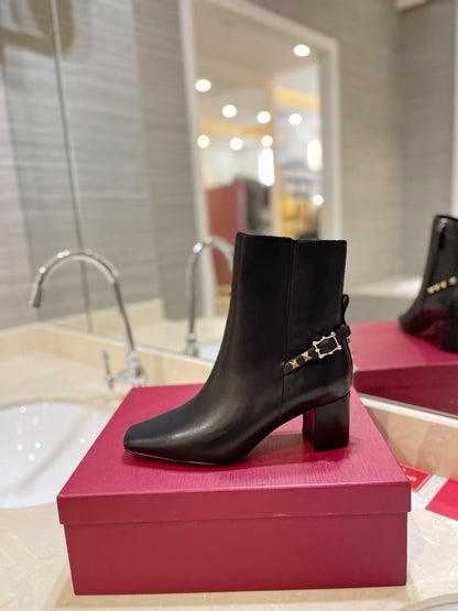 Valentino Women Black Leather Studded Ankle Boots