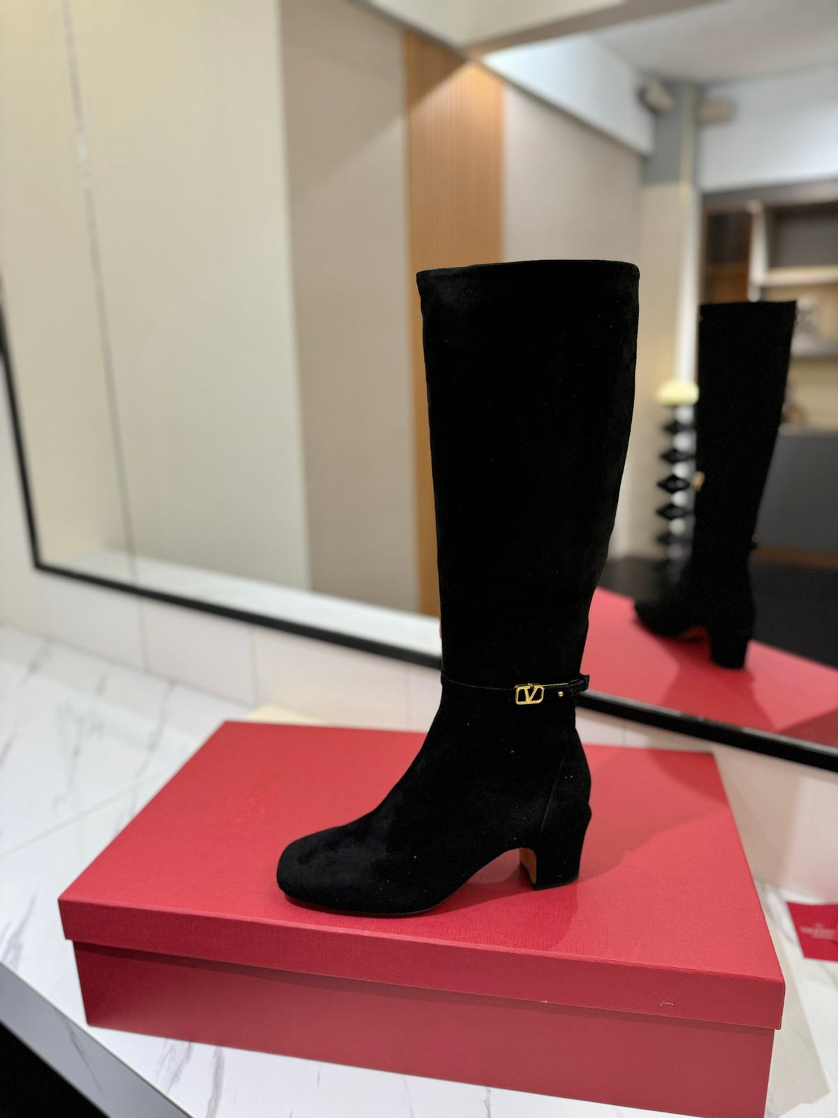 Valentino Women Black Suede Mid Heel Boots