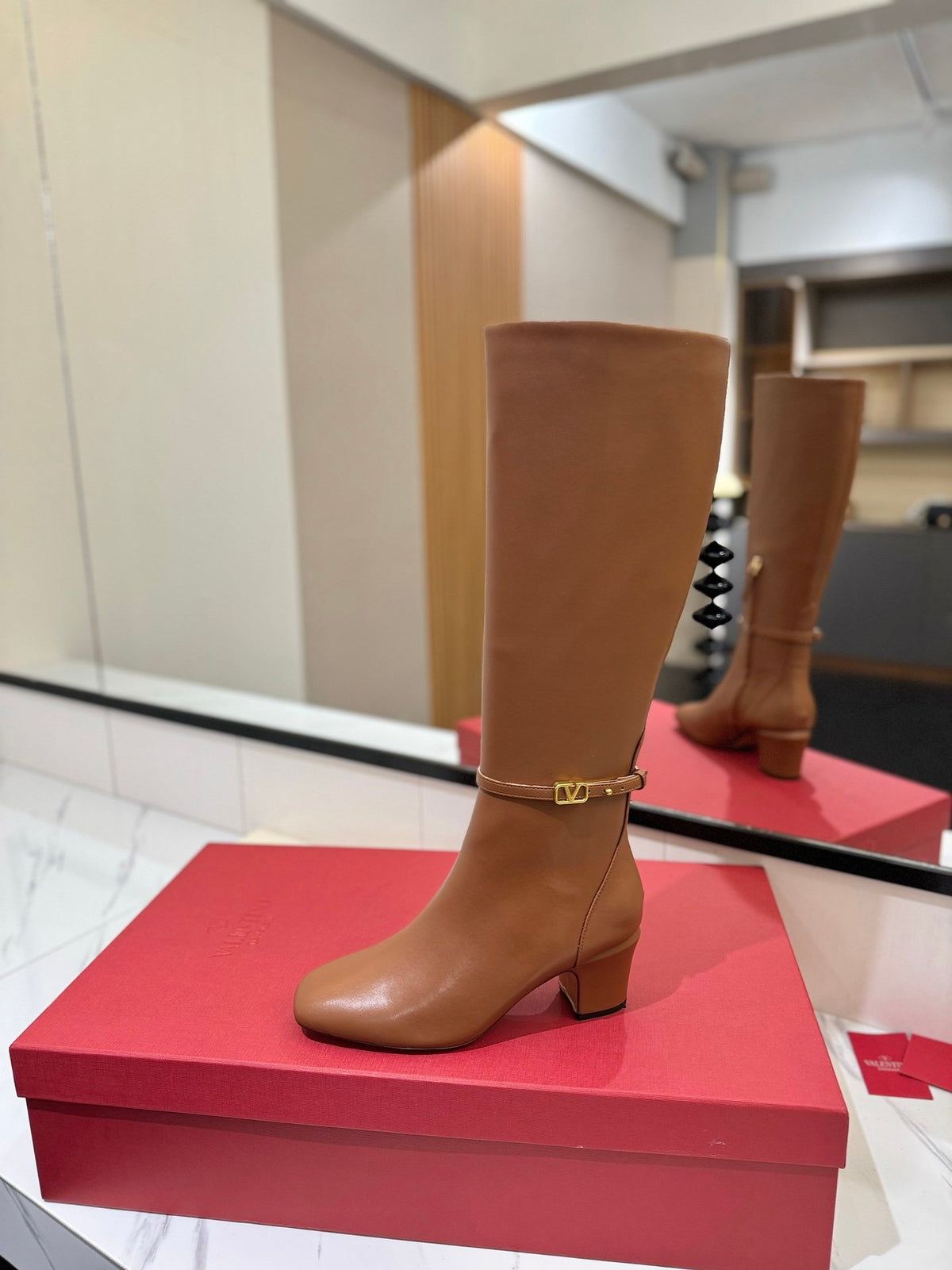Valentino Women Tan Leather Mid-Calf Boots