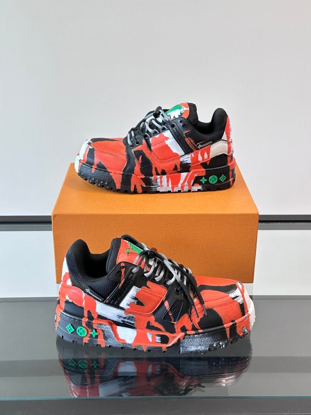 LV Men Red Black Leather Sneakers
