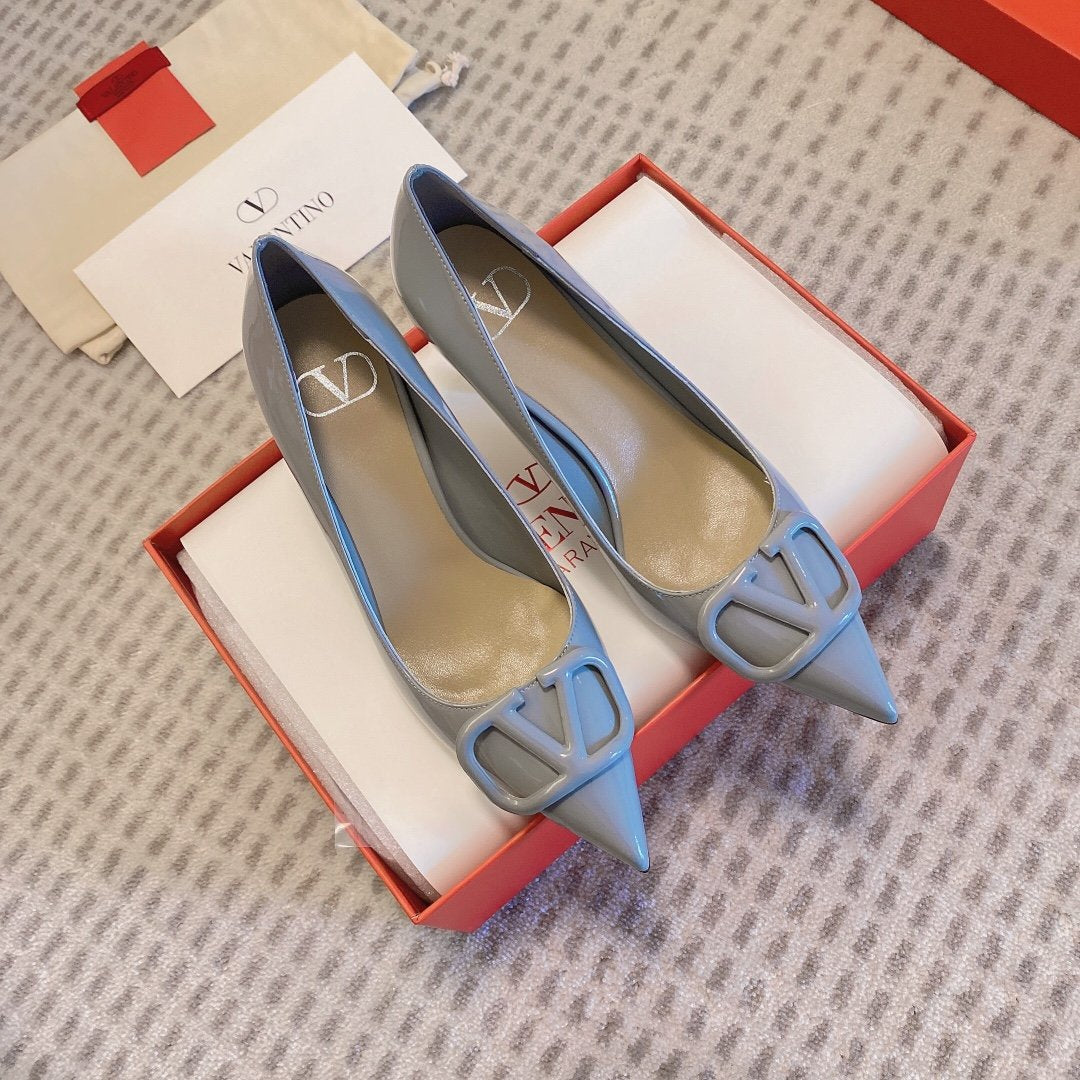Valentino Women Gray Patent Leather Pointed Pumps
