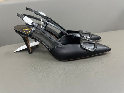 Valentino Women Black Leather Pointed Slingback Pumps