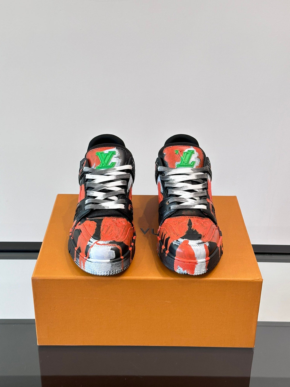 LV Men Black Red Painted Leather Sneakers
