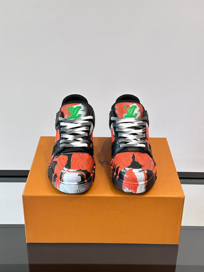 LV Men Black Red Painted Leather Sneakers