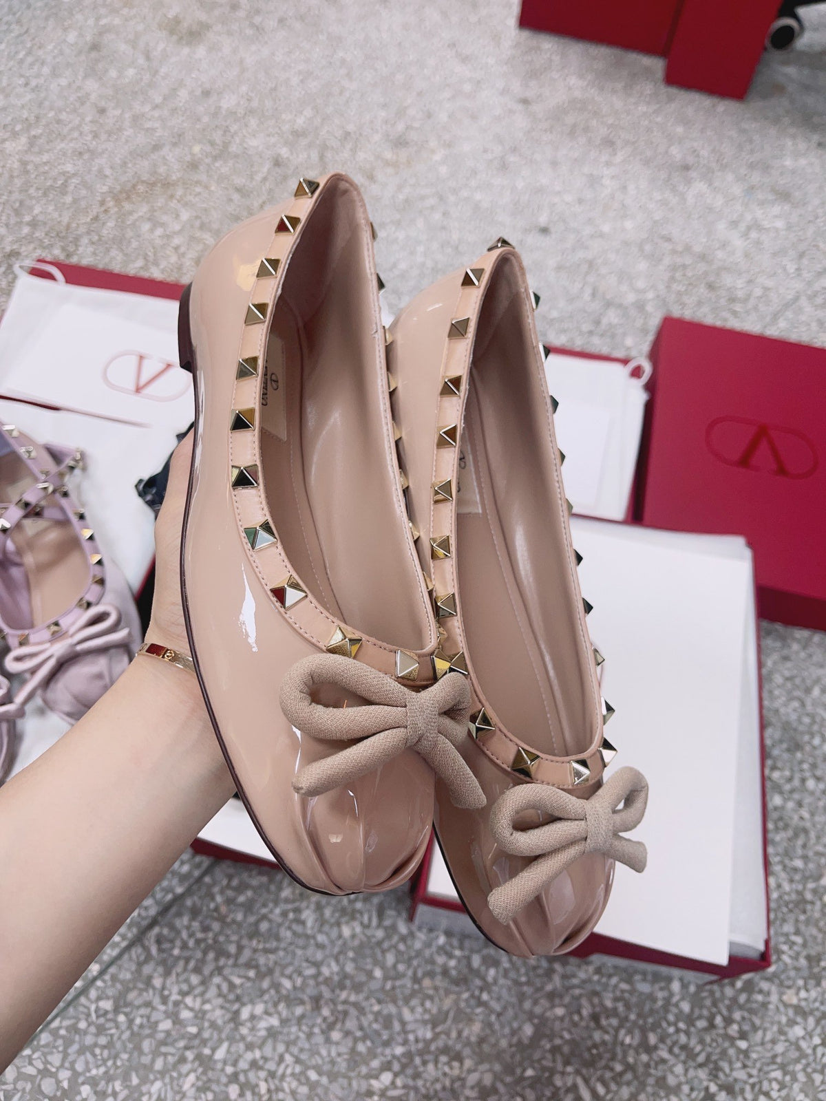 Valentino Women Nude Patent Leather Studded Flats