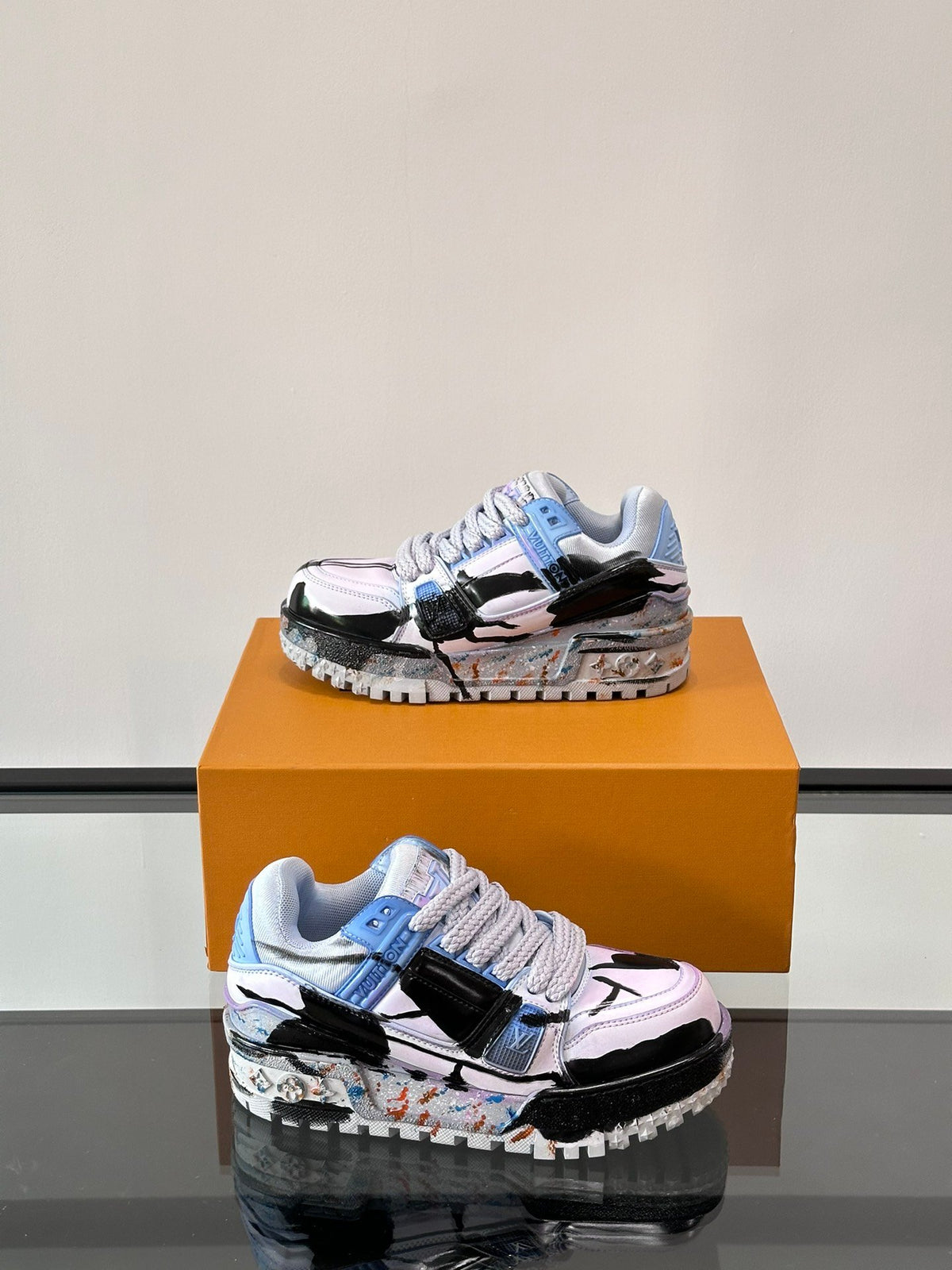 LV Men Black White Blue Leather Sneakers