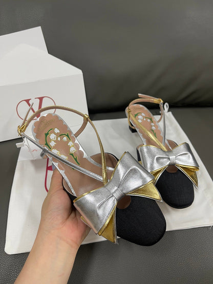 Valentino Women Black Satin Silver Gold Leather Heels