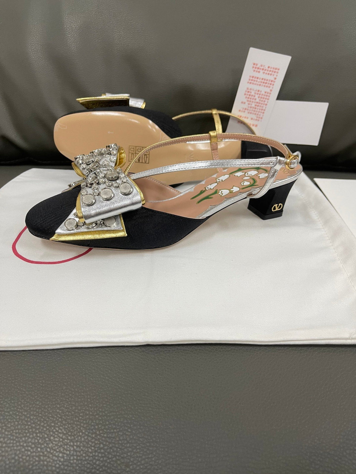 Valentino Women Black Silver Leather Bow Slingback Flats
