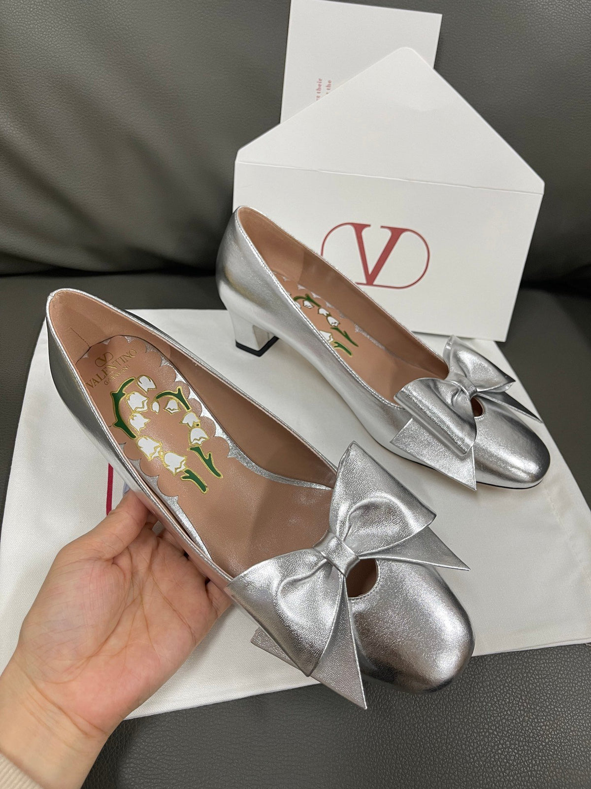 Valentino Women Silver Leather Bow Detail Flats