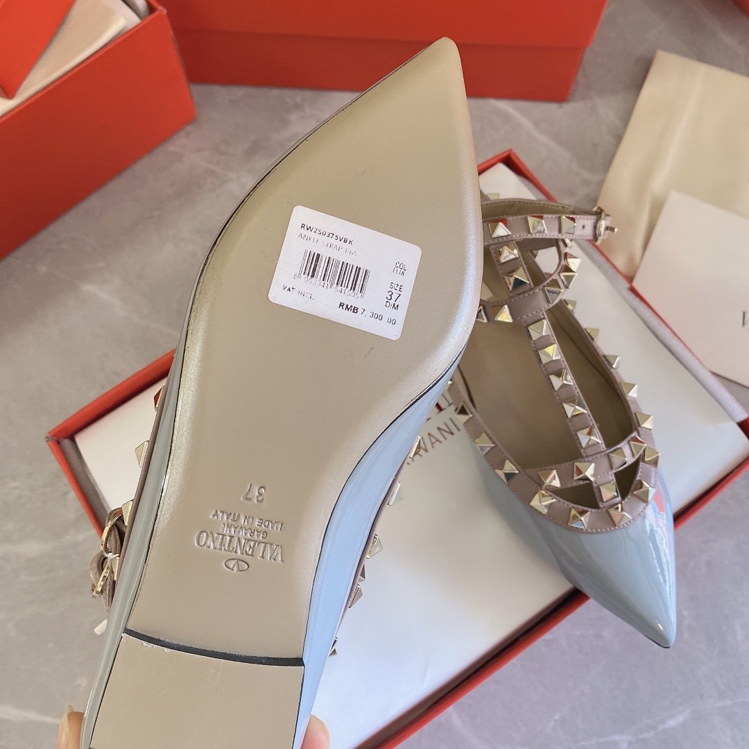 Valentino Women Blue Patent Leather Studded Flats
