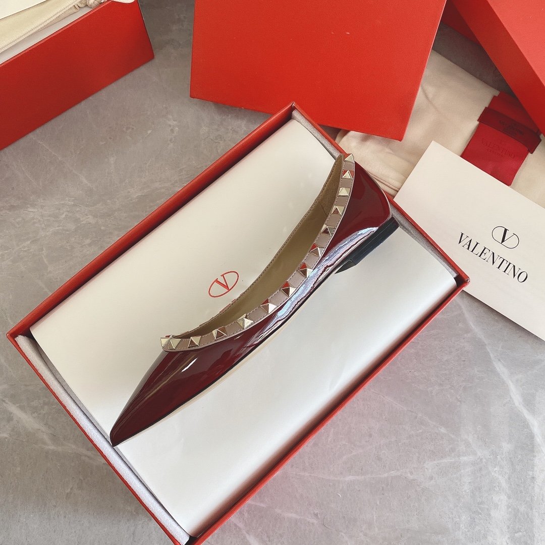 Valentino Women Burgundy Patent Leather Studded Flats