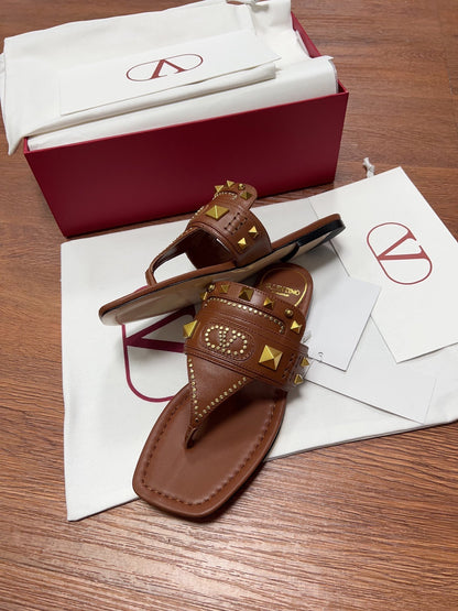 Valentino Women Brown Leather Studded Sandals