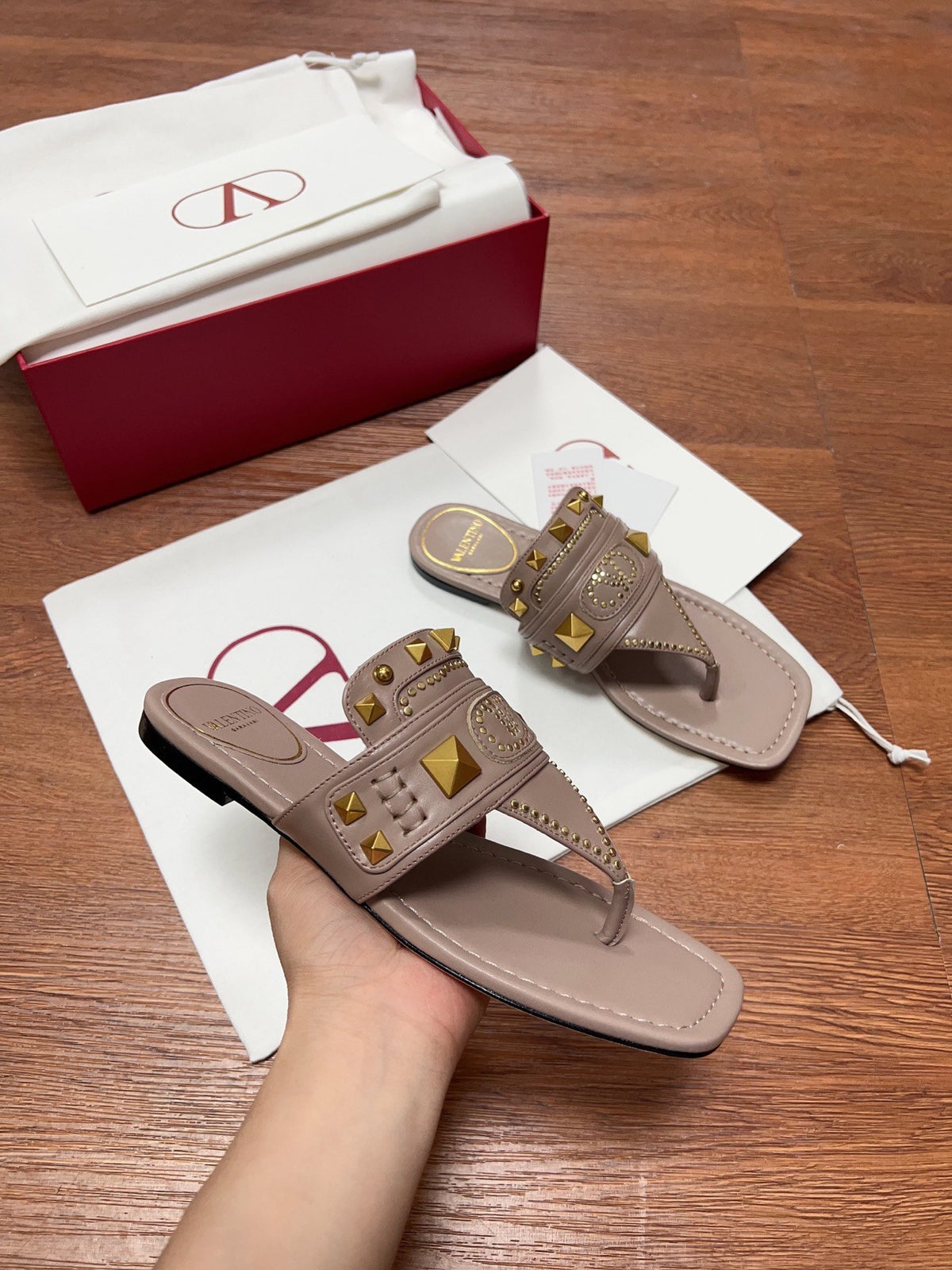 Valentino Women Taupe Leather Studded Sandals