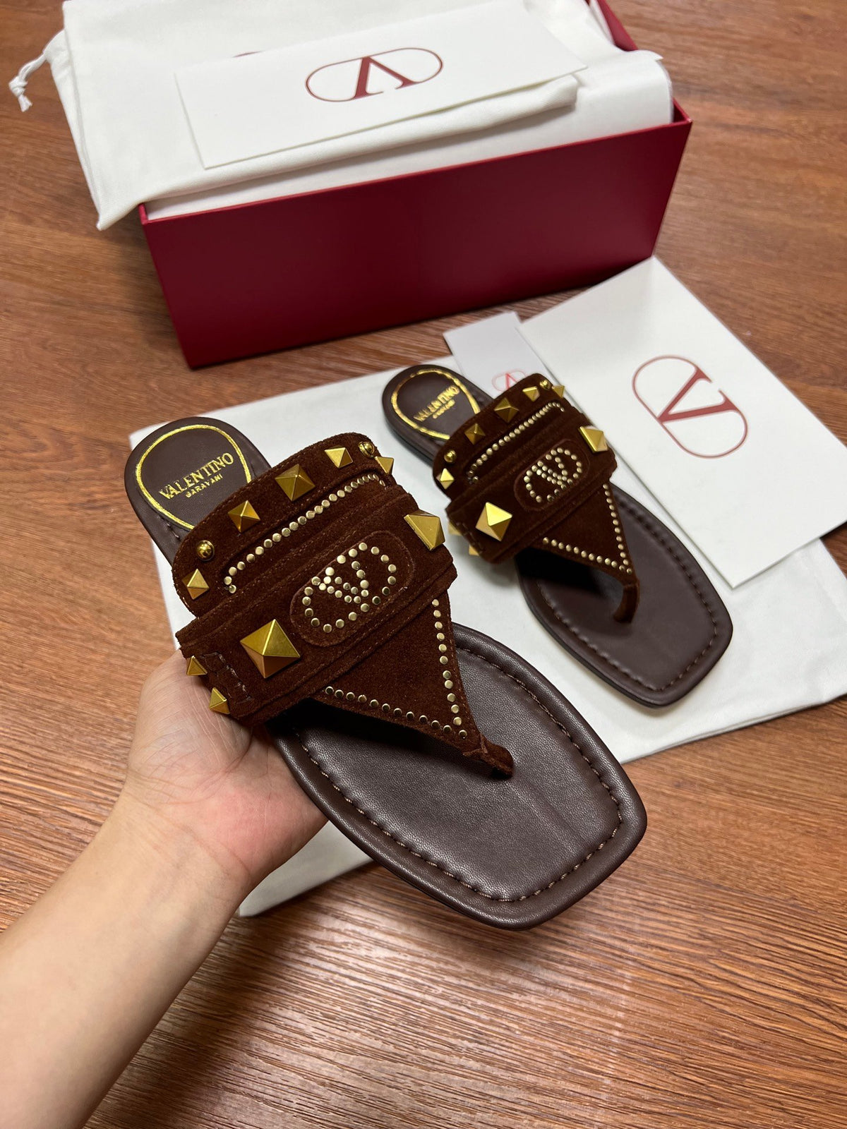 Valentino Women Brown Suede Studded Flats
