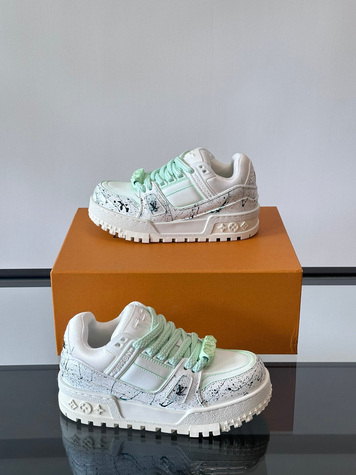 LV Men White Leather Paint Splatter Sneakers