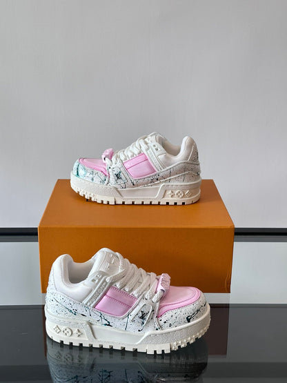 LV Men White Pink Leather Sneakers