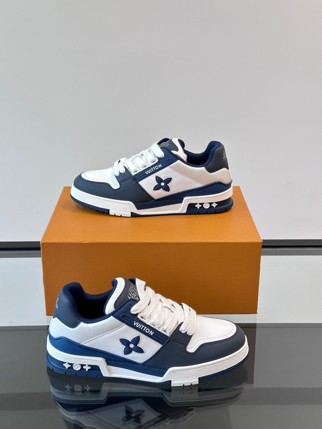 LV Men White And Navy Leather Sneakers