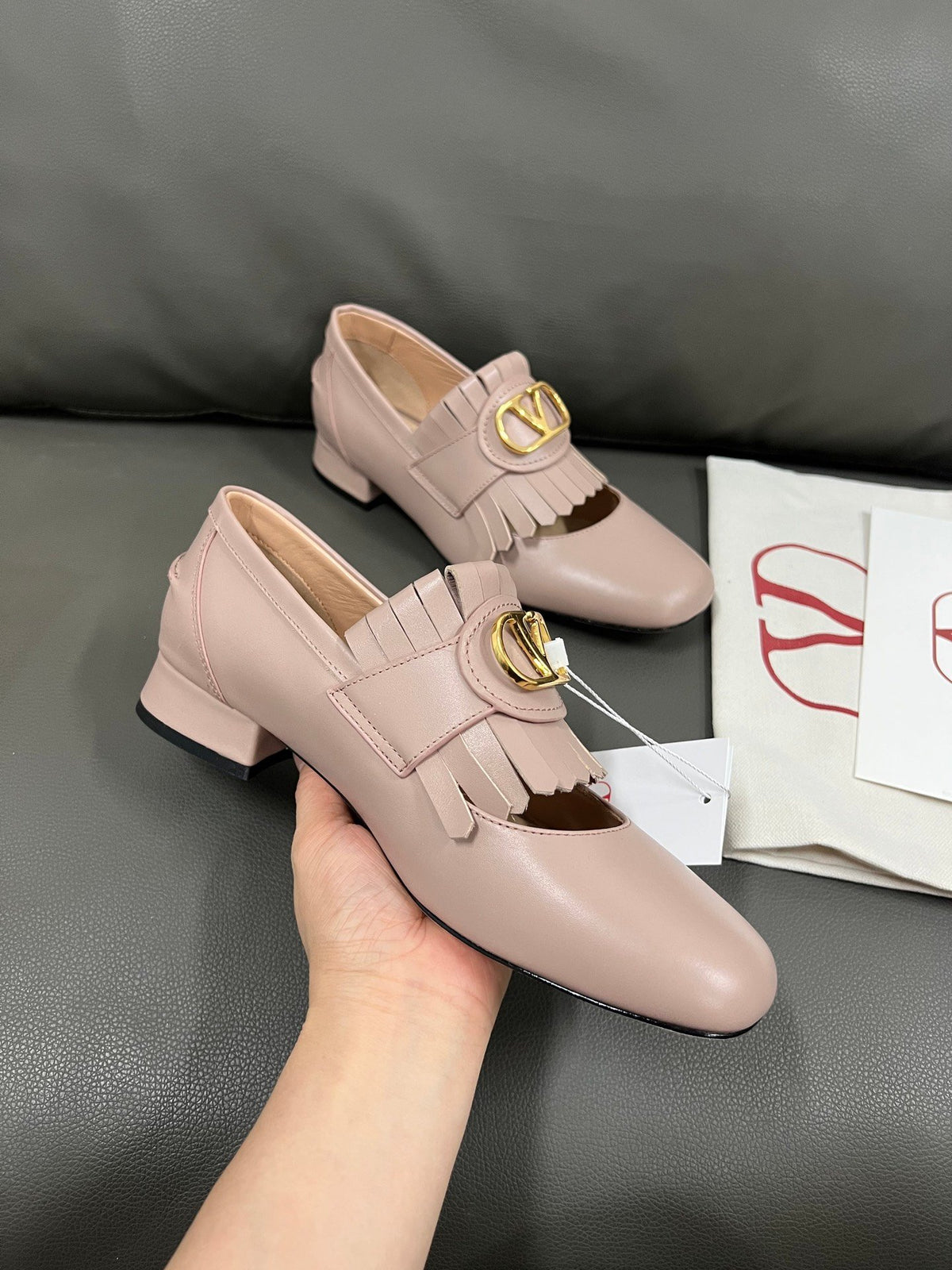 Valentino Women Pink Leather Fringe Loafers