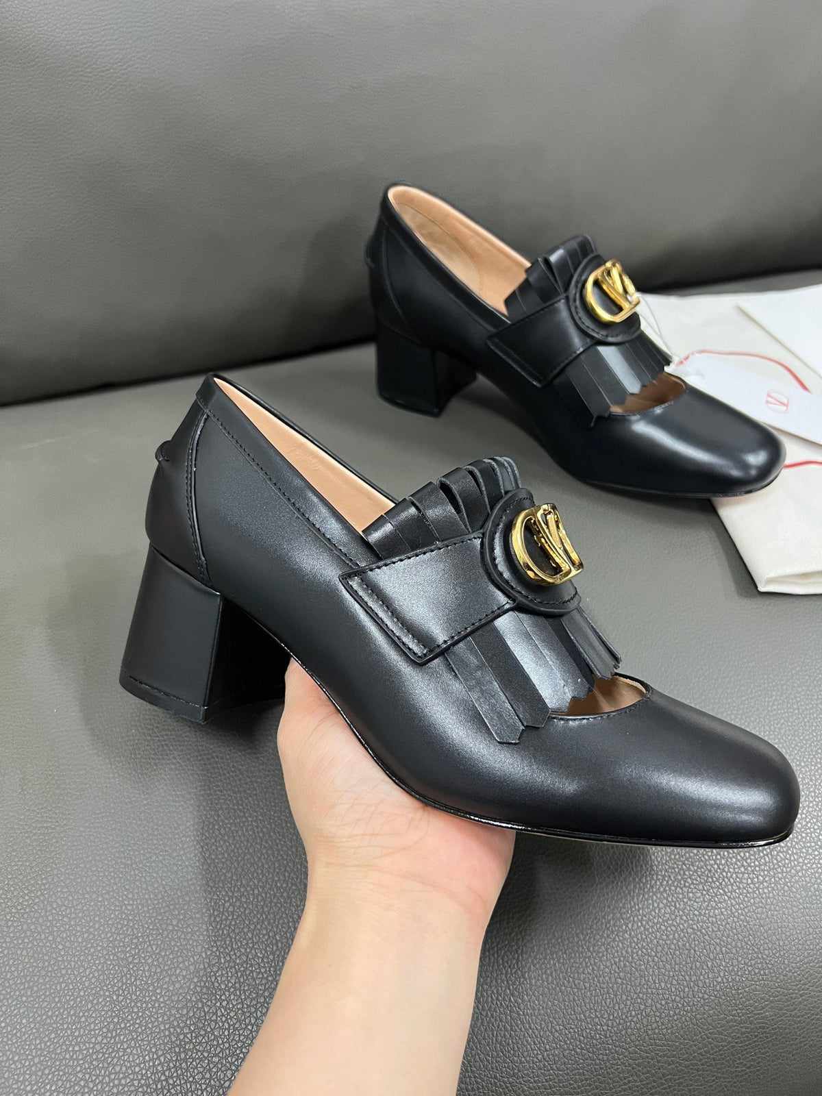 Valentino Women Black Leather Fringe Loafers