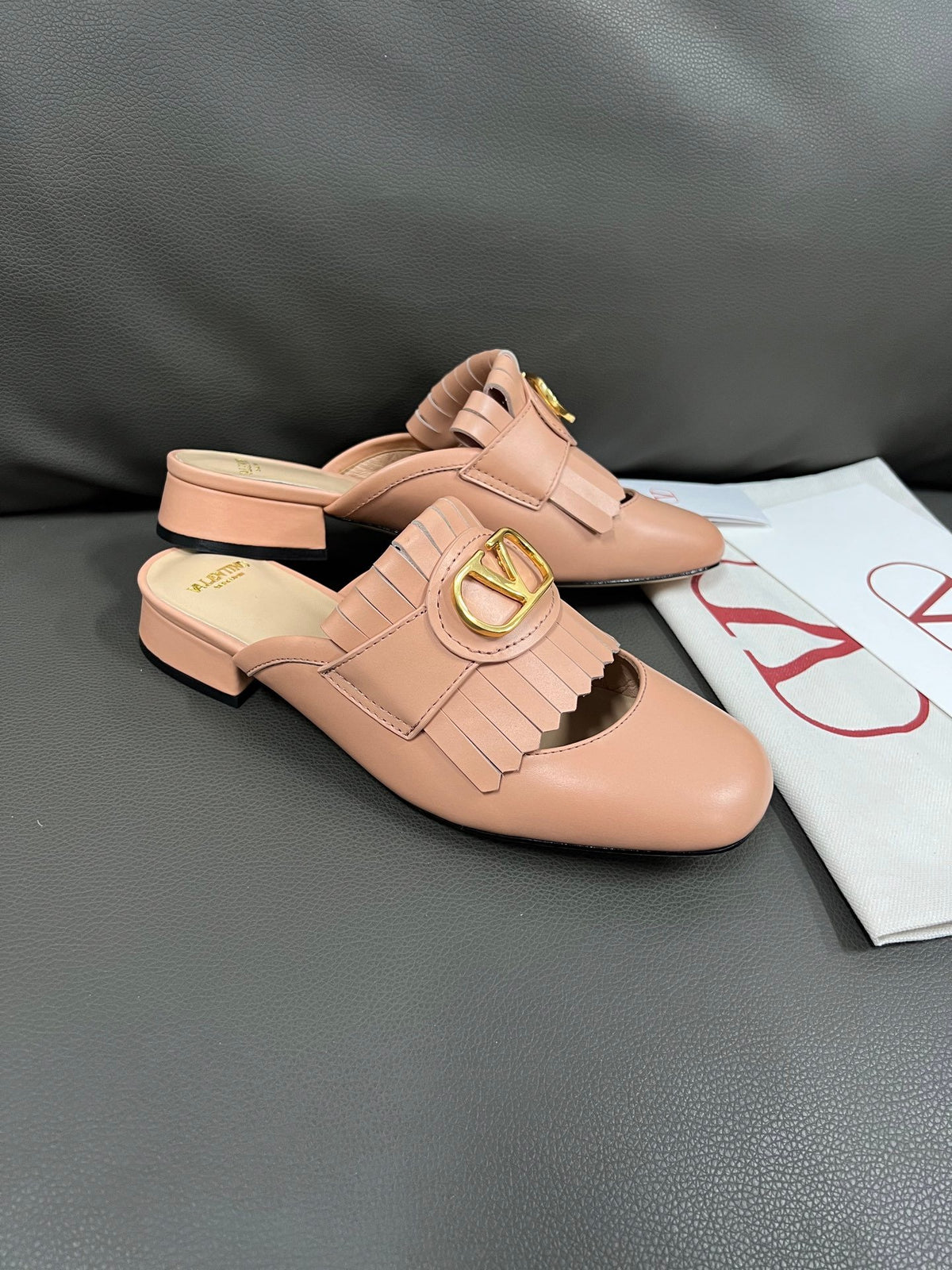 Valentino Women Pink Leather Fringe Mules