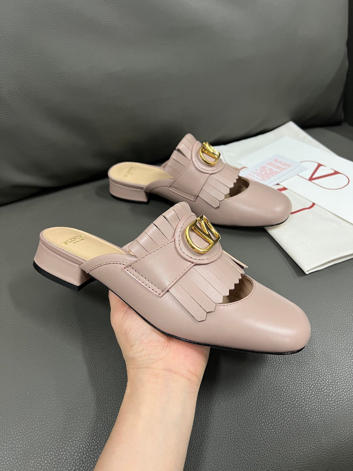 Valentino Women Pink Leather Fringe Mules