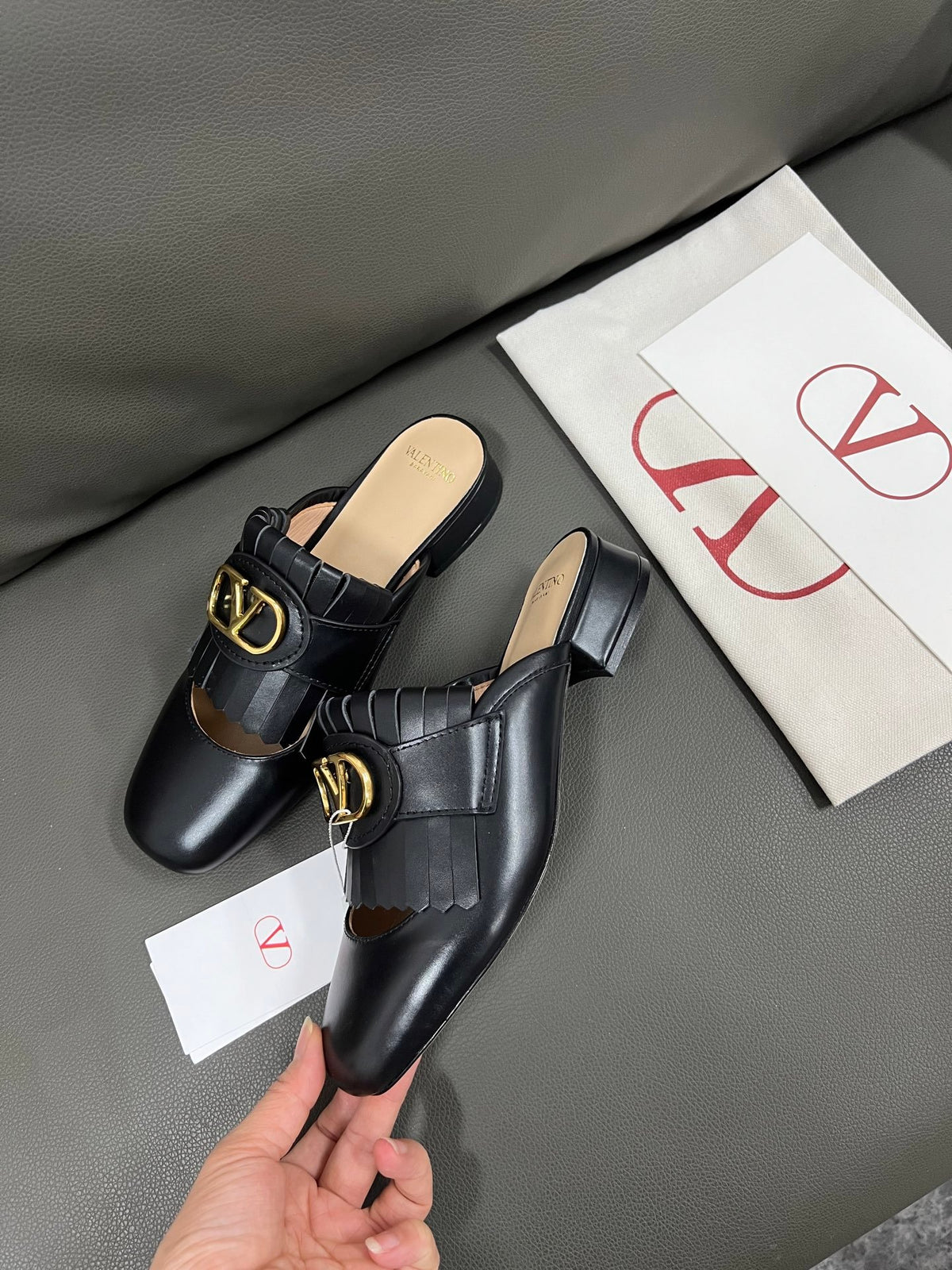 Valentino Women Black Leather Fringe Mules