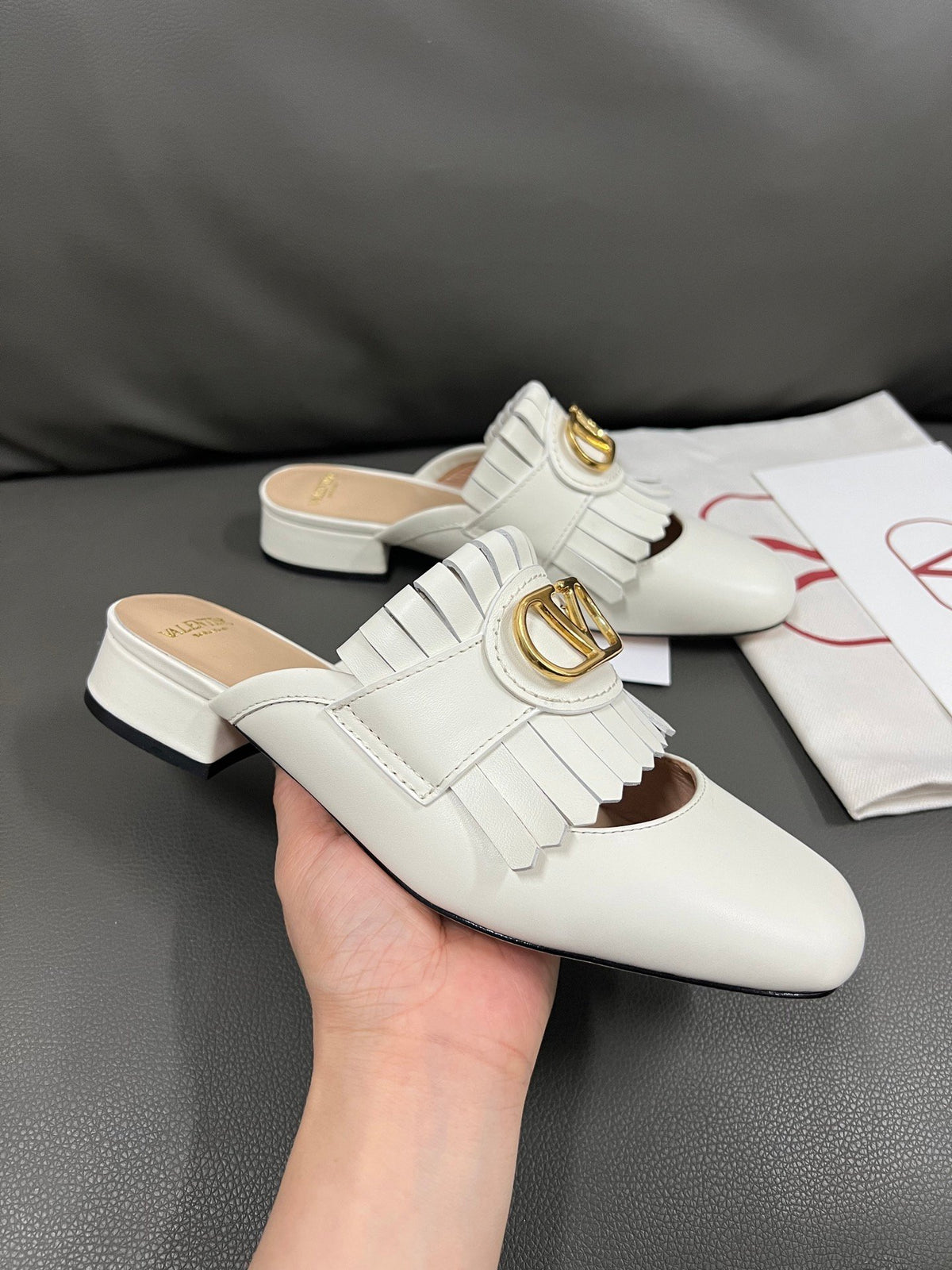 Valentino Women White Leather Fringe Mules