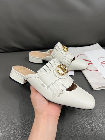 Valentino Women White Leather Fringe Mules