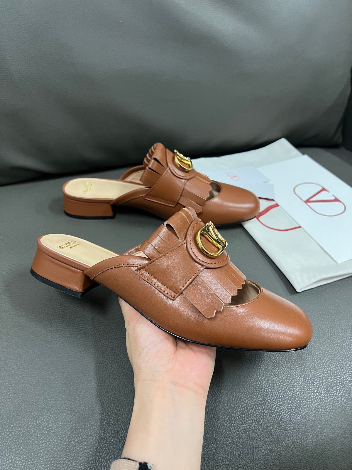 Valentino Women Brown Leather Fringe Mules