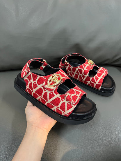 Valentino Women Red Patterned Fabric Sandals