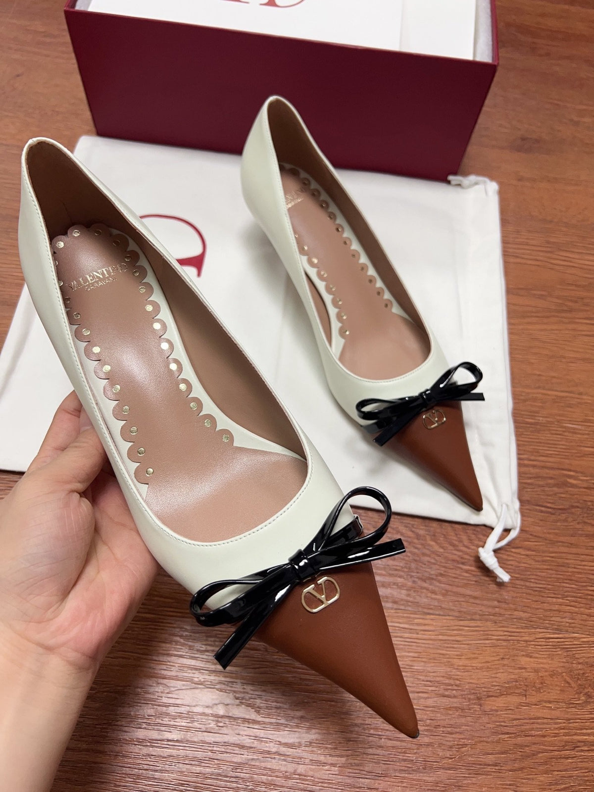 Valentino Women Ivory Leather Brown Patent Heels