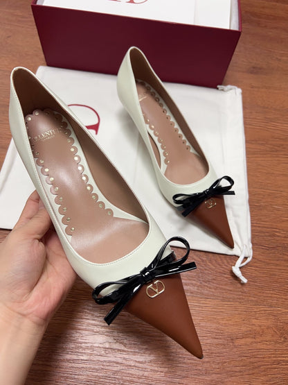 Valentino Women Ivory Leather Brown Patent Heels