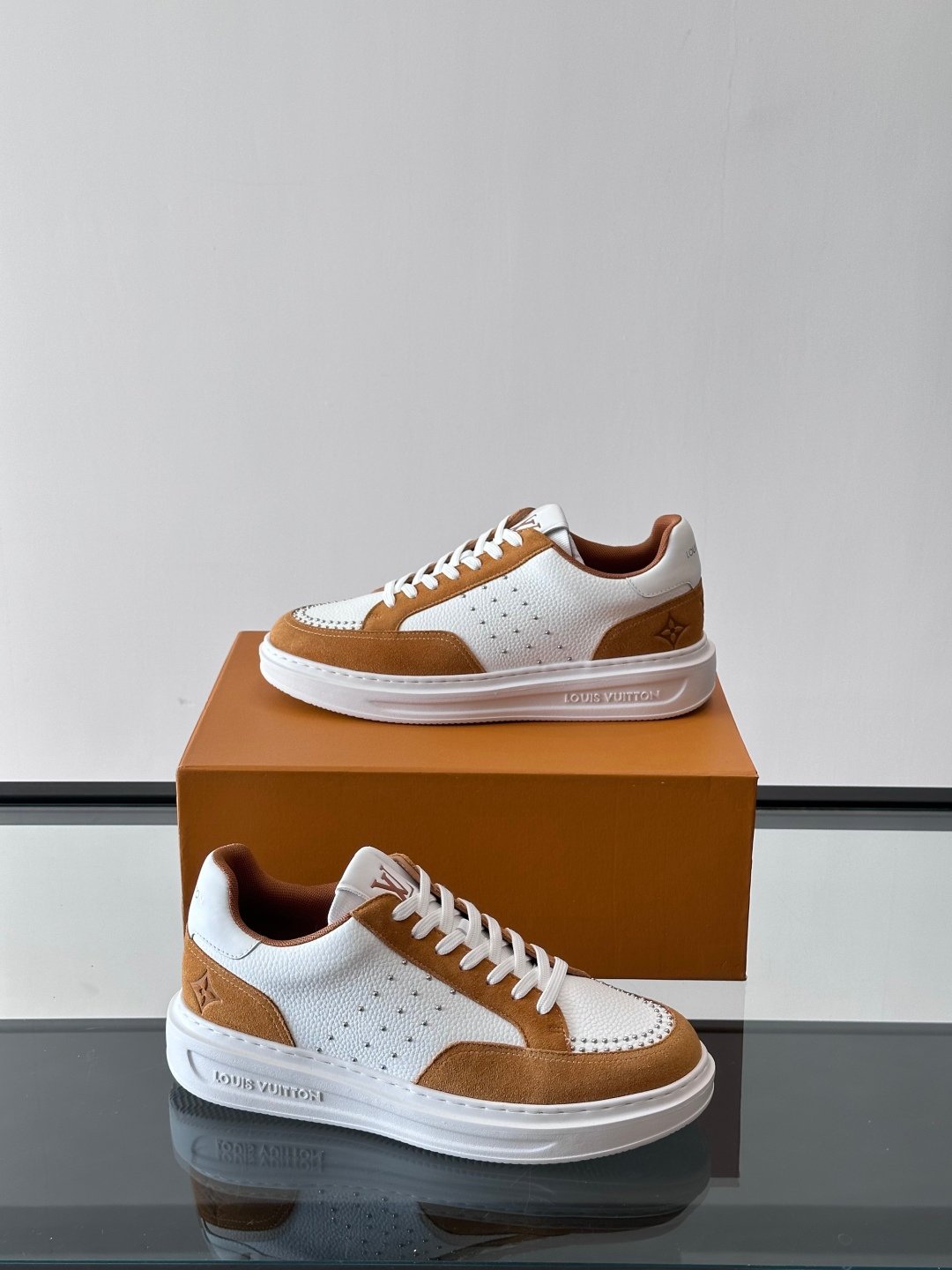 LV Men White Brown Suede Leather Sneakers