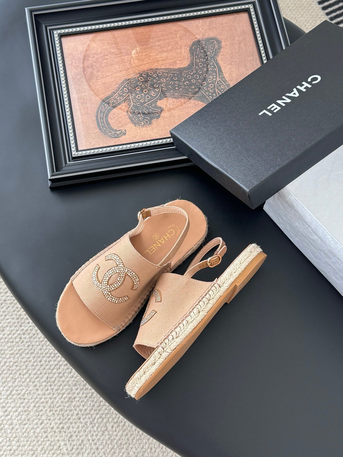 Chanel Women Beige Canvas Crystal Logo Sandals