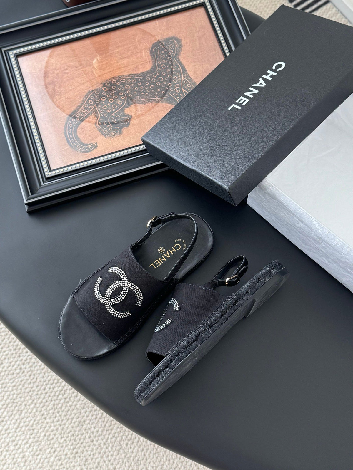 Chanel Women Black Fabric Logo Embellished Sandals