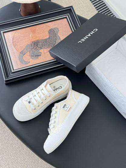 Chanel Women White Canvas Lace-Up Sneakers