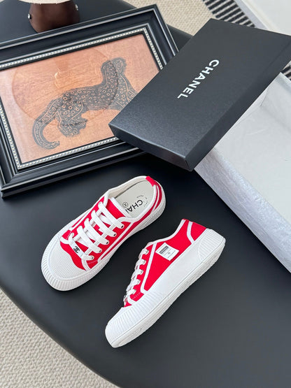Chanel Women Red Canvas And Rubber Sneakers