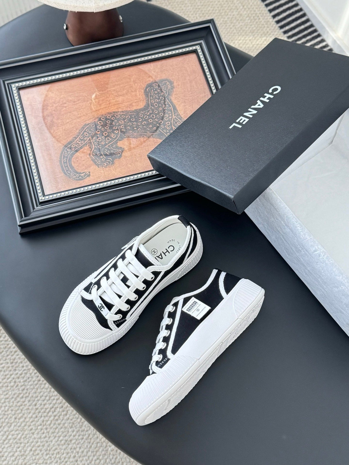 Chanel Women Black Canvas White Trim Sneakers