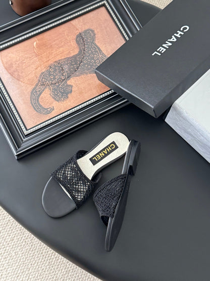 Chanel Women Black Mesh Slide Sandals