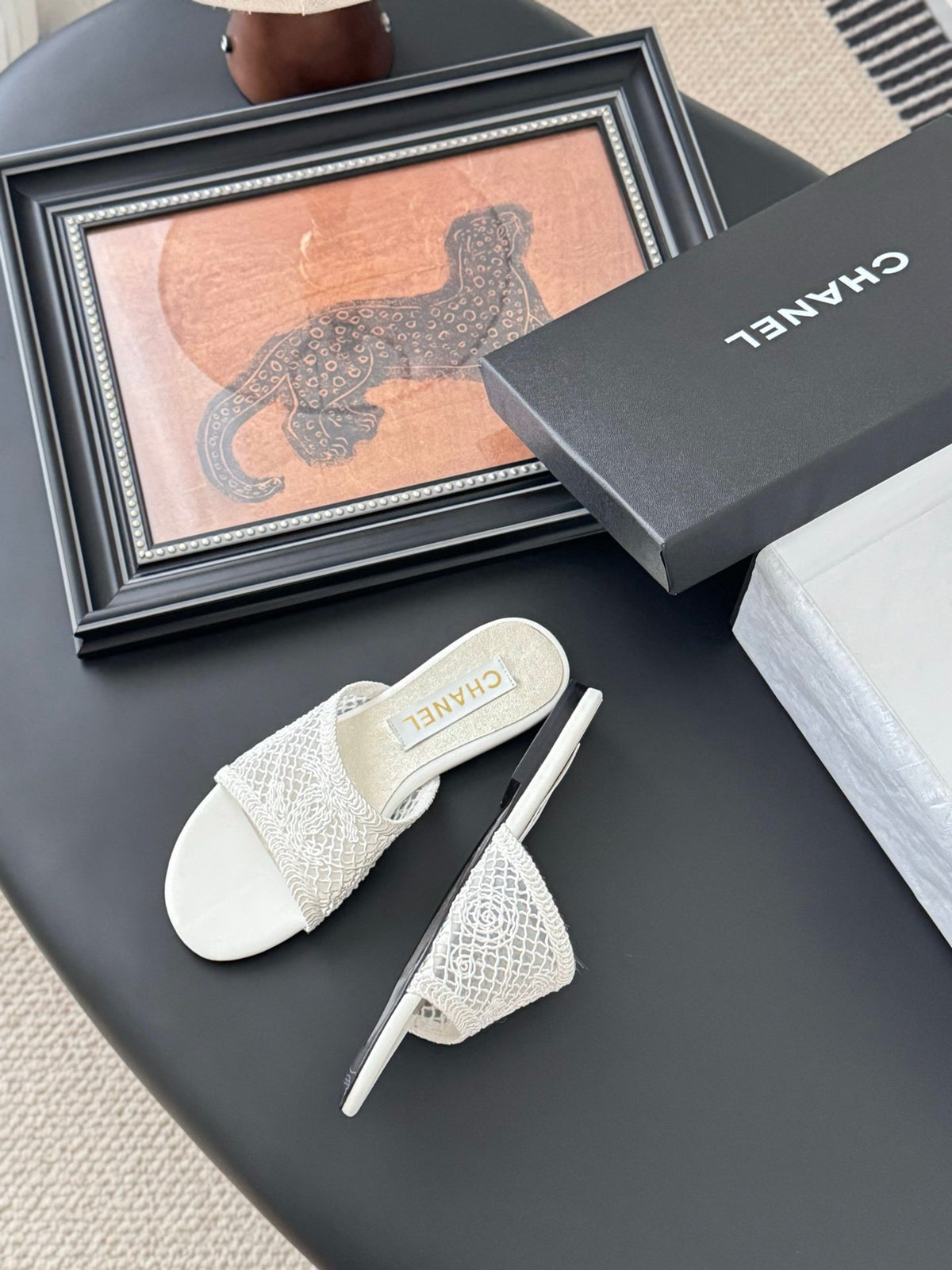 Chanel Women White Lace Mesh Slides