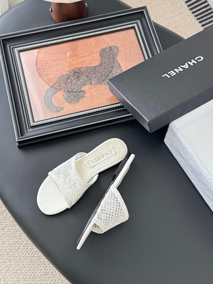Chanel Women White Lace Mesh Slides