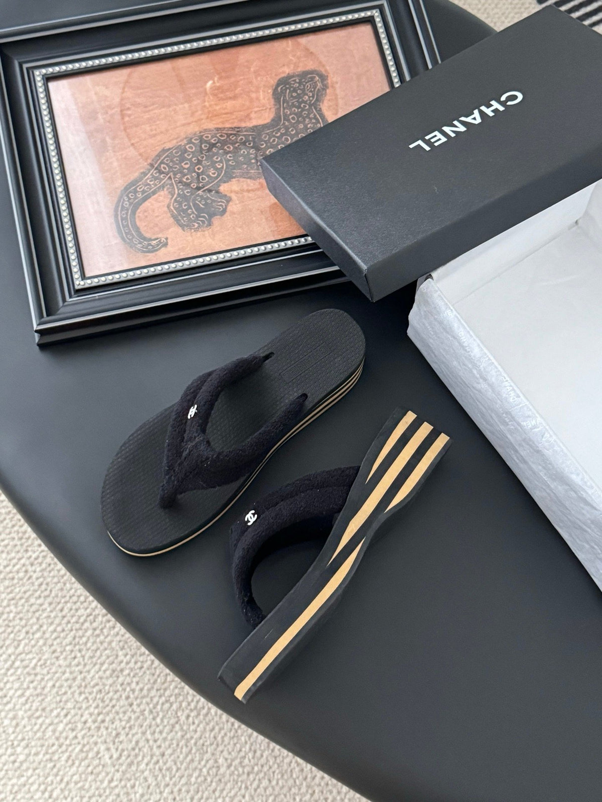 Chanel Women Black Fabric Strap Flip Flop Sandals