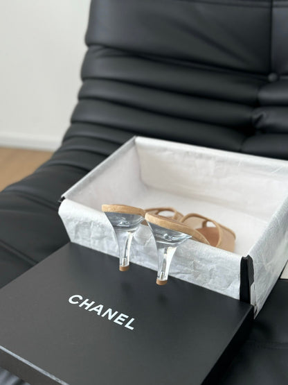 Chanel Women Beige Leather Slides