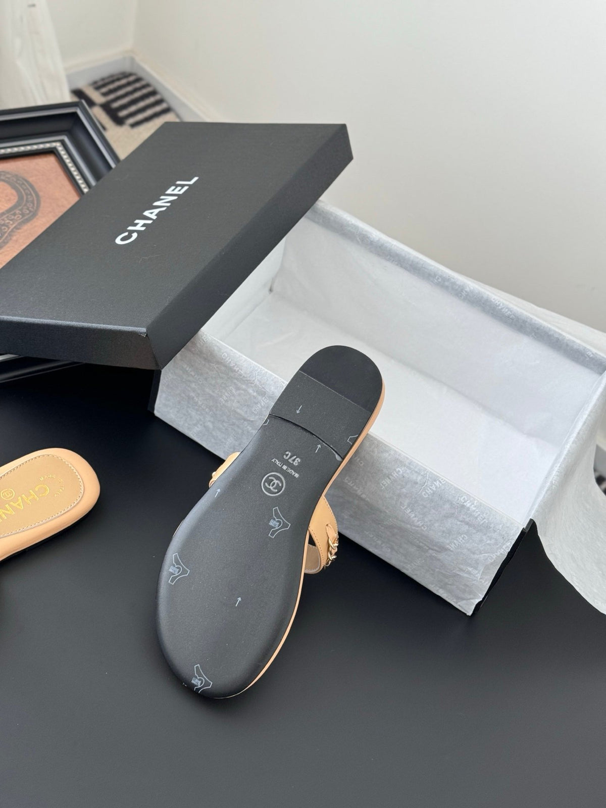 Chanel Women Beige Leather Slides
