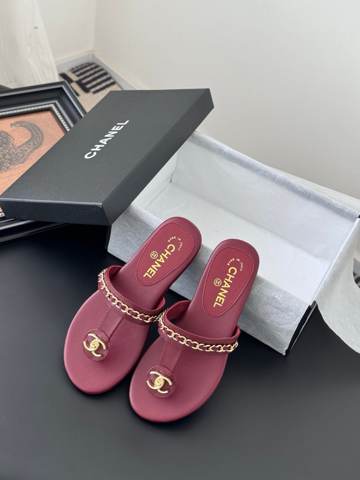 Chanel Women Burgundy Leather Chain Detail Slides