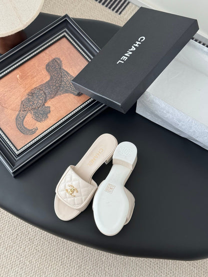 Chanel Women Ivory Quilted Leather Mules