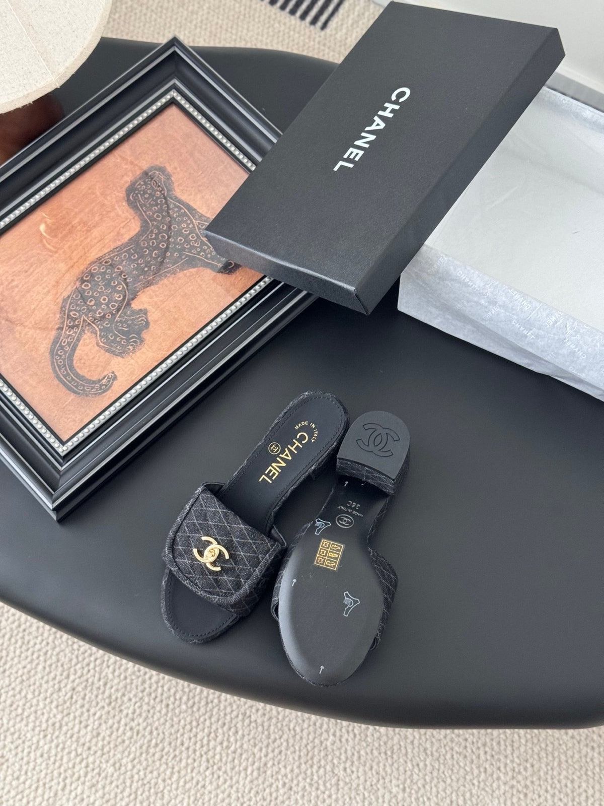 Chanel Women Black Quilted Fabric Slides