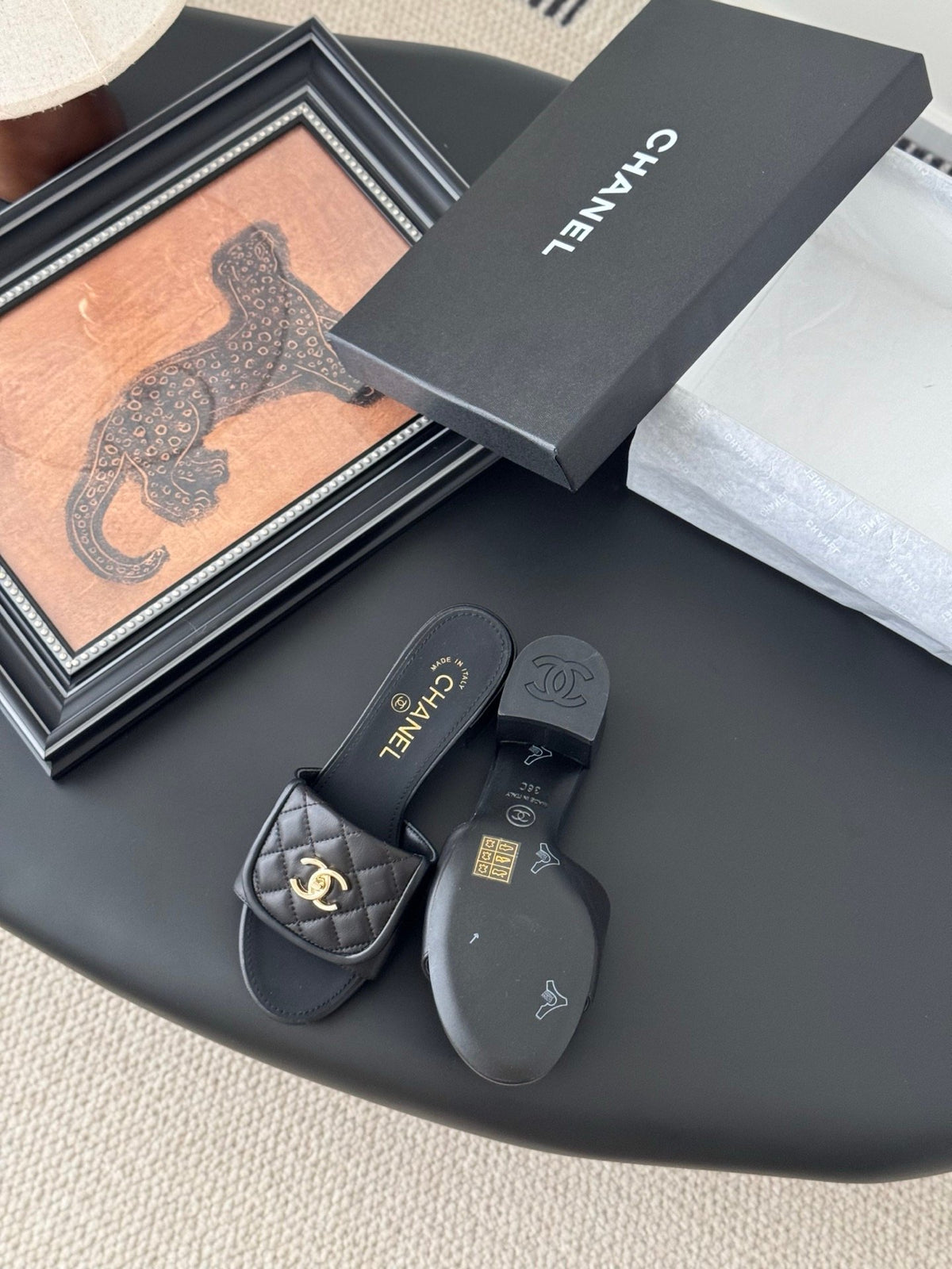 Chanel Women Black Quilted Leather Slides