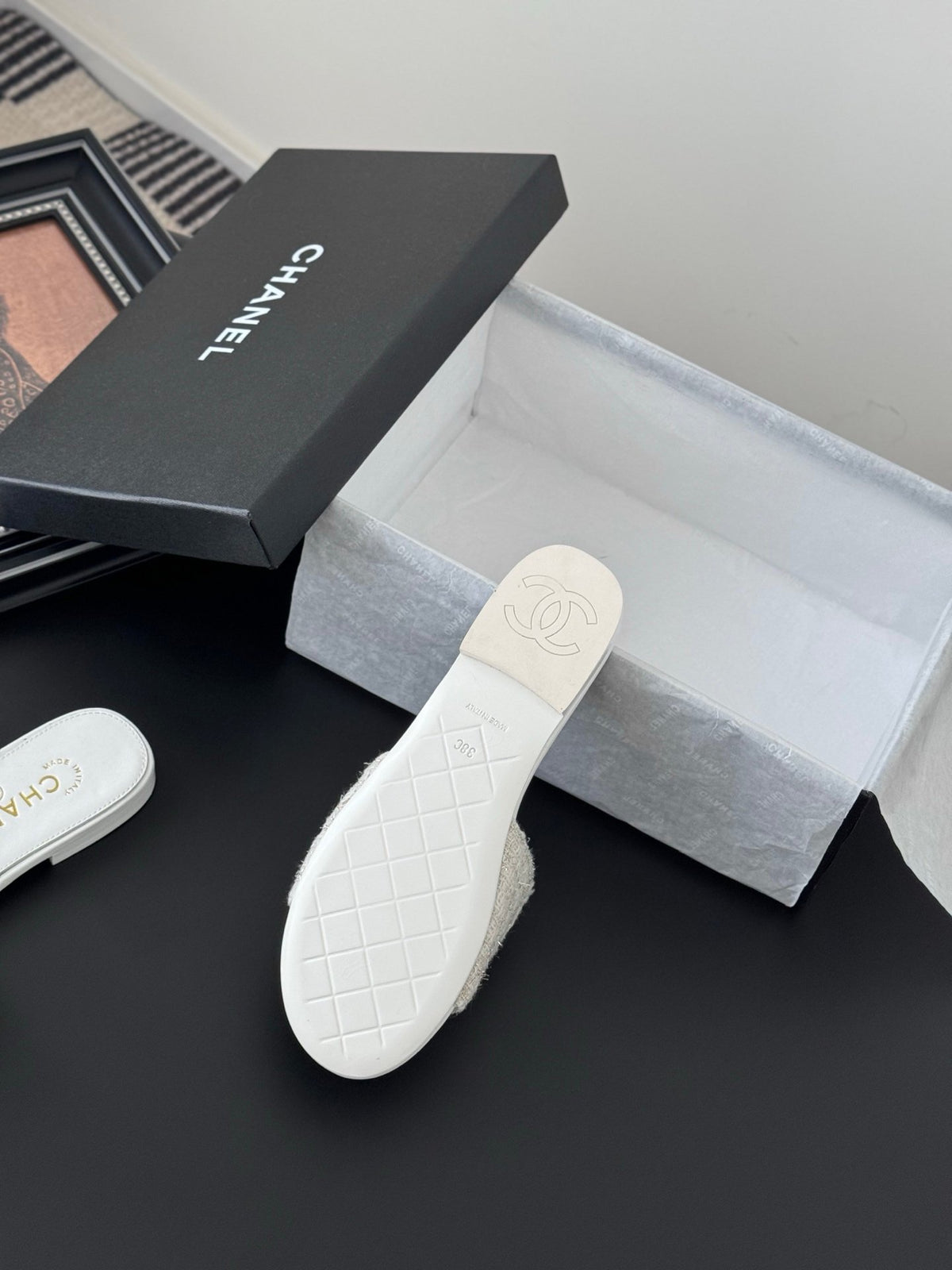 Chanel Women Beige Tweed Slides