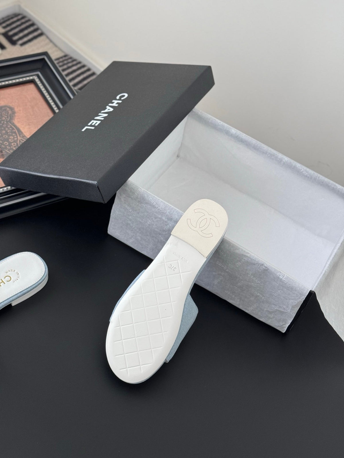 Chanel Women Light Blue Quilted Fabric Slides